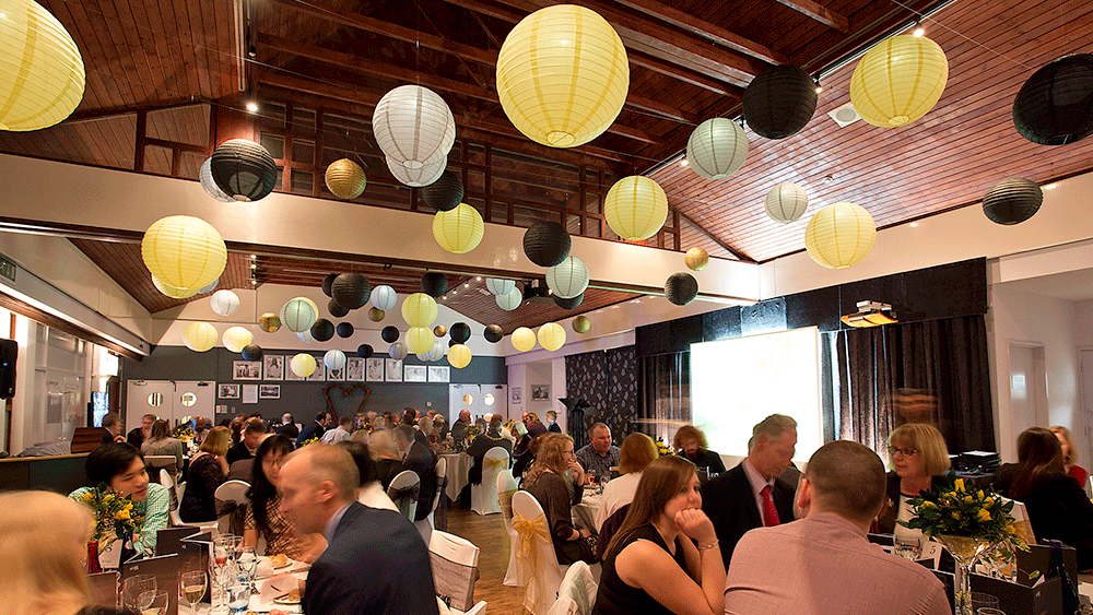 dove grey and yellow paper lanterns
