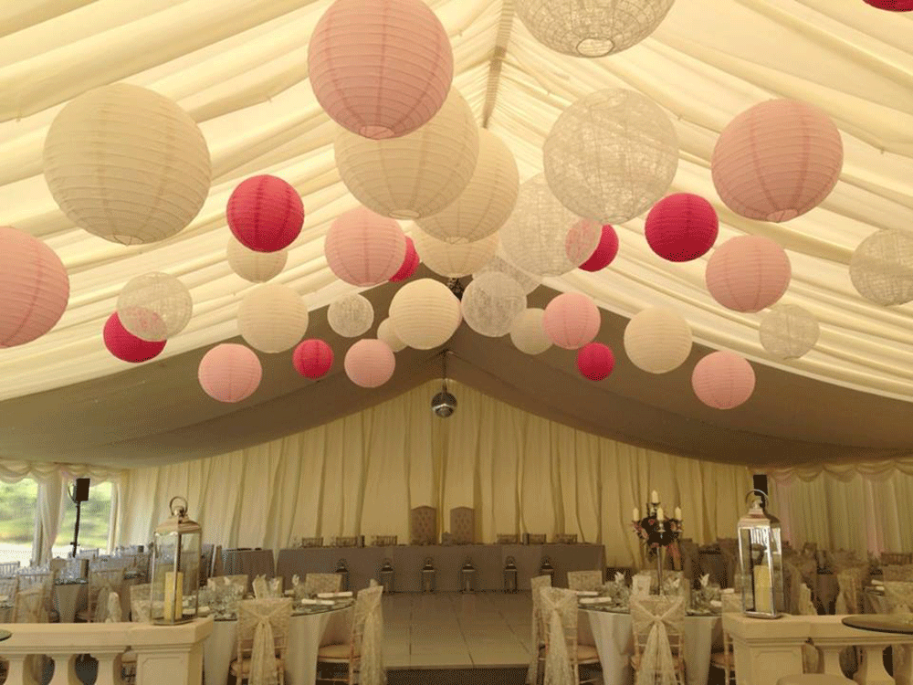 lace and pink wedding marquee lanterns
