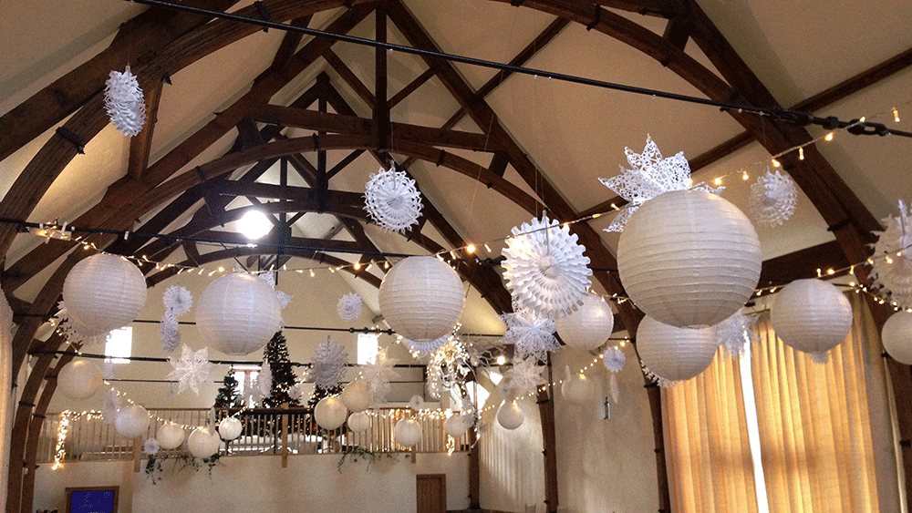 A Glistening Wedding at Long Furlong Barn with Snowflakes and Lanterns
