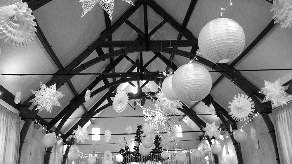 A Glistening Wedding at Long Furlong Barn with Snowflakes and Lanterns