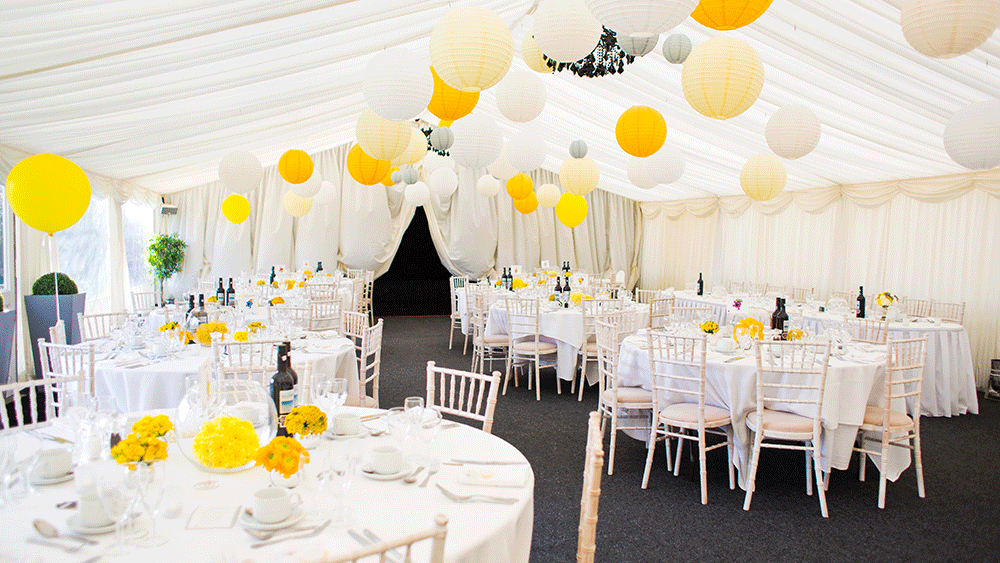Grey and shop yellow paper lanterns
