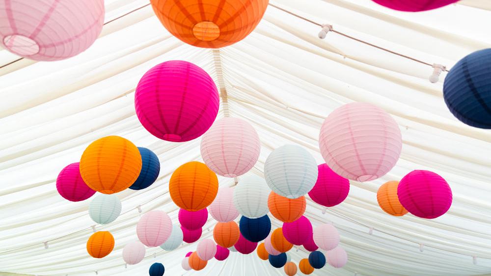 Coloured Paper Lanterns decorate Kent Wedding Marquee