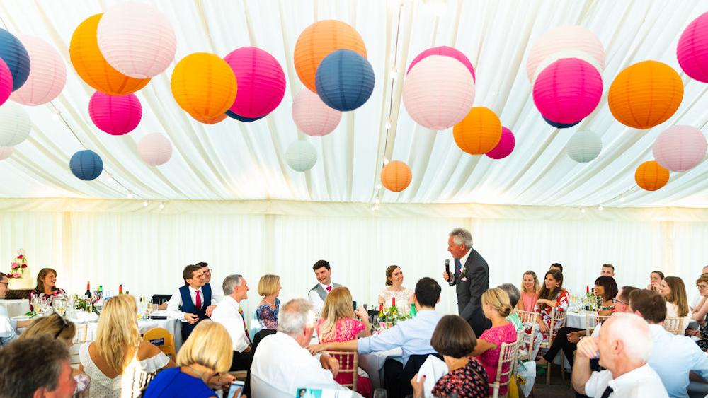 Coloured Paper Lanterns decorate Kent Wedding Marquee