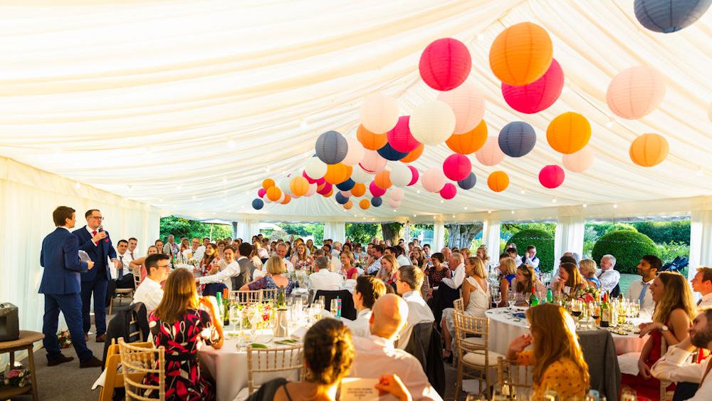 Coloured Paper Lanterns decorate Kent Wedding Marquee