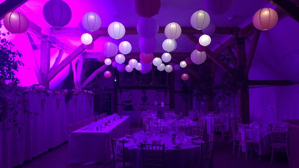 Pink Paper Lanterns in the barn at Dorset House School, Pulborough