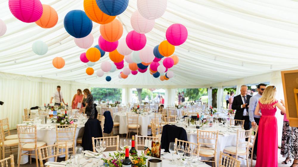 Coloured Paper Lanterns decorate Kent Wedding Marquee