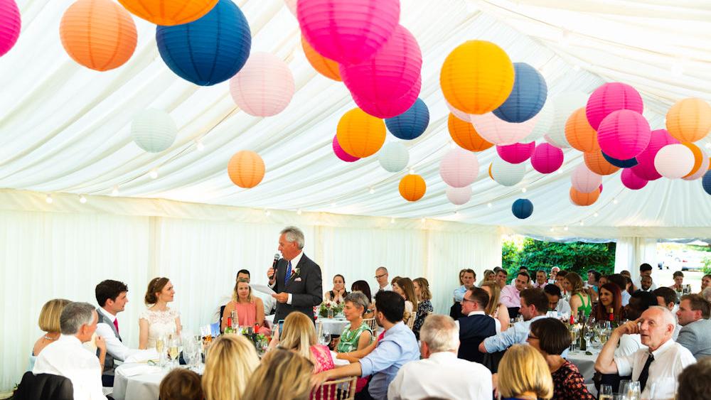 Coloured Paper Lanterns decorate Kent Wedding Marquee