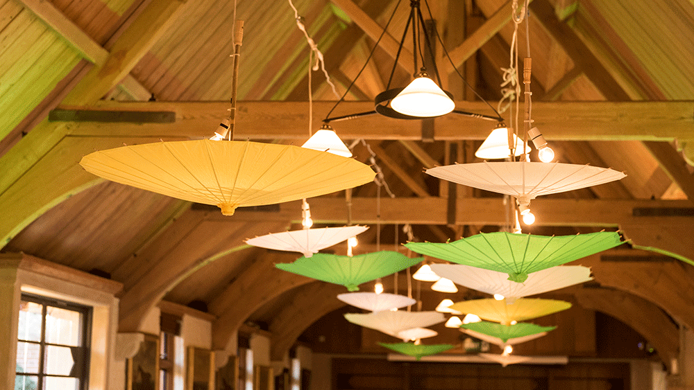 Hanging Paper Parasols for Spring Event at Waddesdon Manor