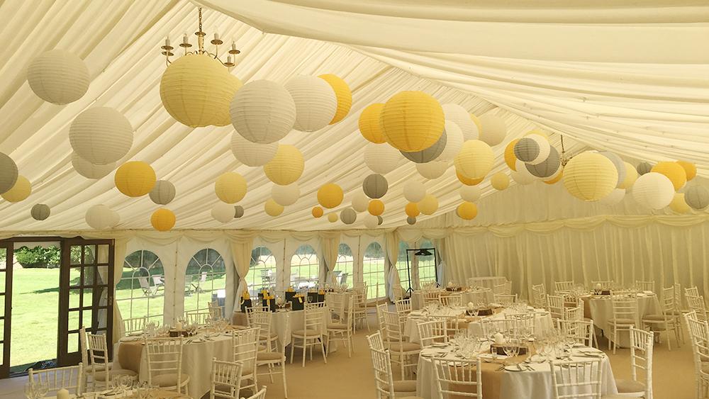 Yellow and dove lanterns at Slaugham Place