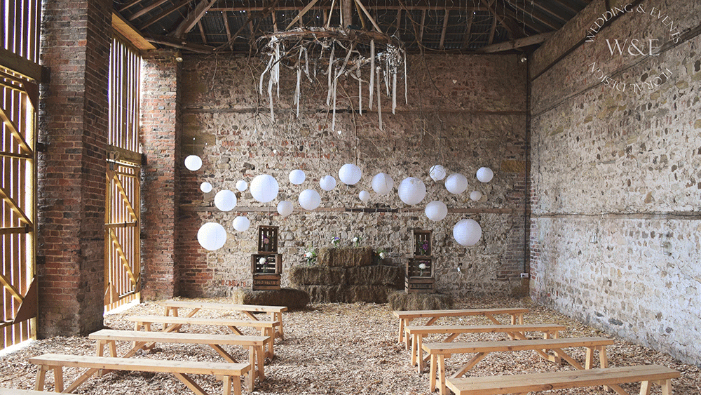 White Hanging Lanterns add Style to a Rustic Barn Wedding