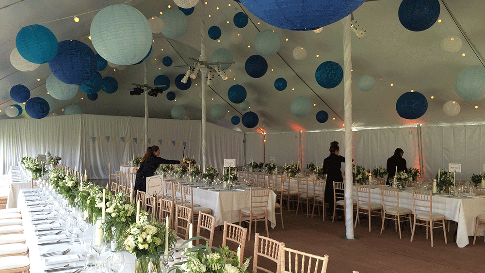 Blue Paper Lanterns on Festoon Lights