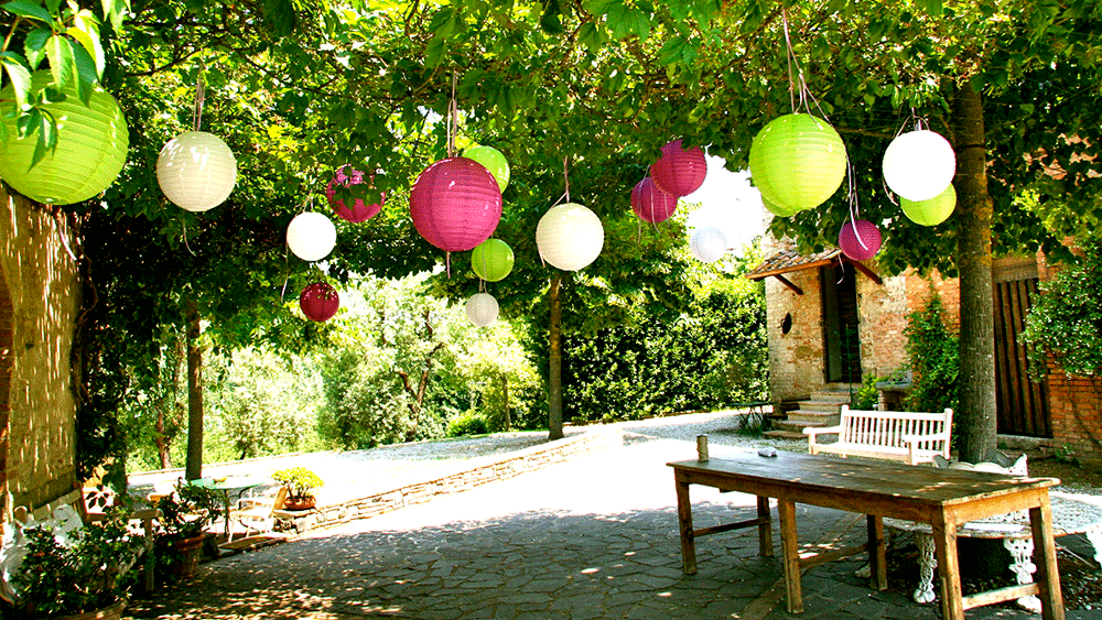 Bright Paper Lanterns Decorate Outside Weddings