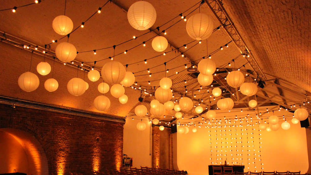 Ivory Lanterns and Festoon Lights drape Shoreditch Studios