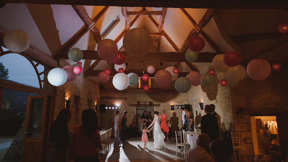 Pink and blue paper lanterns create a fabulous feature in Oxleaze Barn