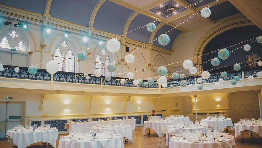 Hanging paper lanterns transform the Winchester Guild Hall