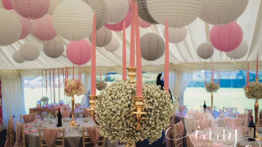 Pastel Pink and Dove Grey Hanging Lanterns