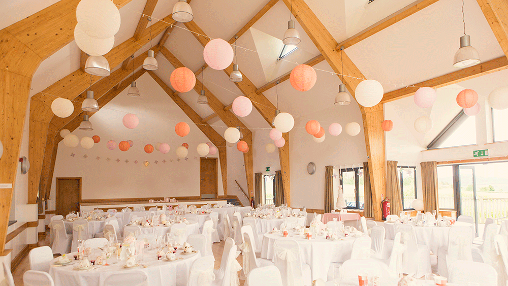 Pink and Peach Paper Lanterns at Rock Village Hall