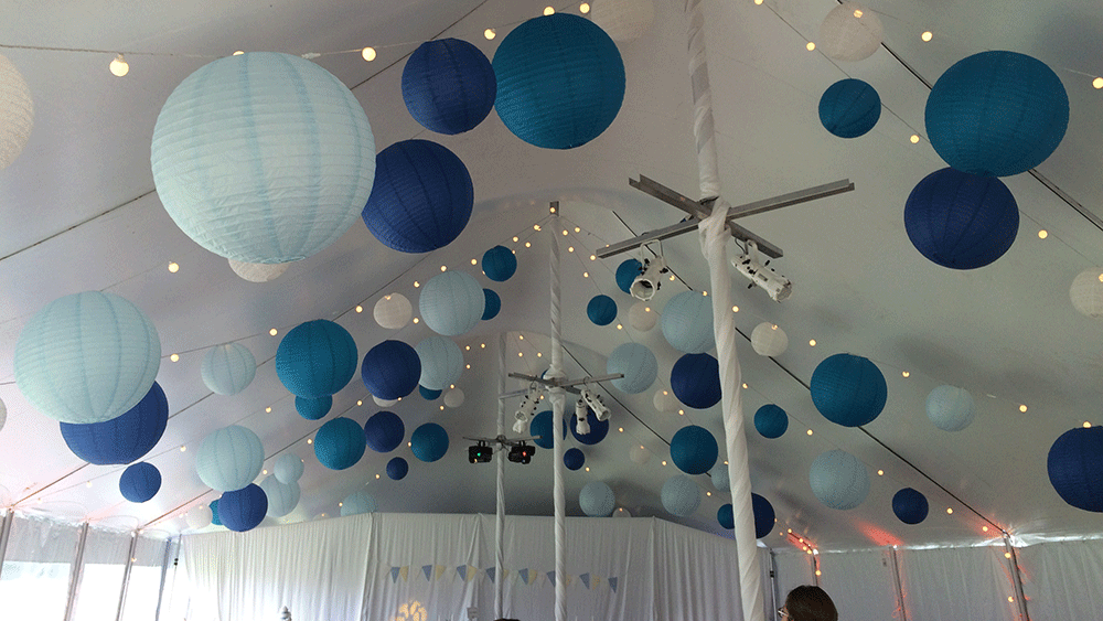 Blue Paper Lanterns on Festoon Lights