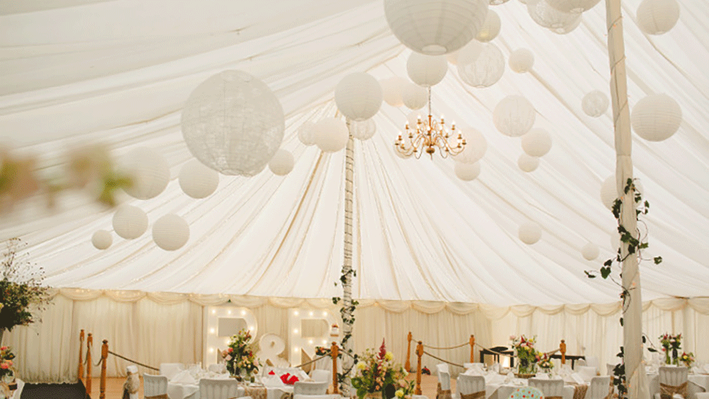 White and lace lanterns at Enterkine House, Scotland