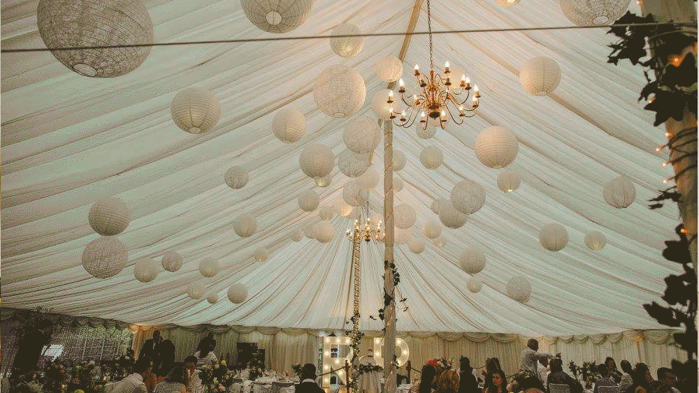 White and lace lanterns at Enterkine House, Scotland