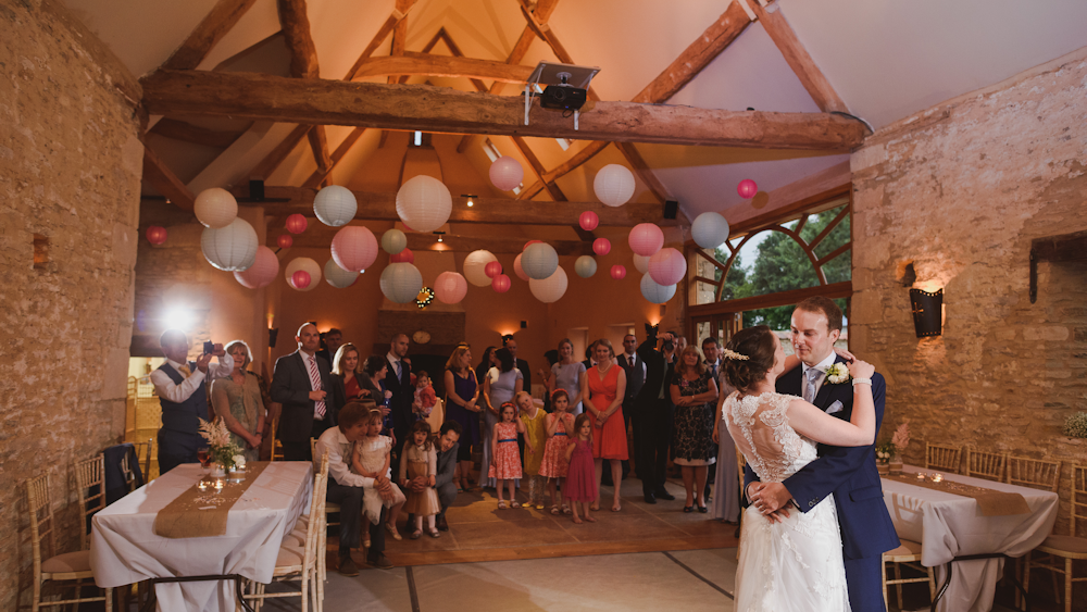 Pink and blue paper lanterns create a fabulous feature in Oxleaze Barn