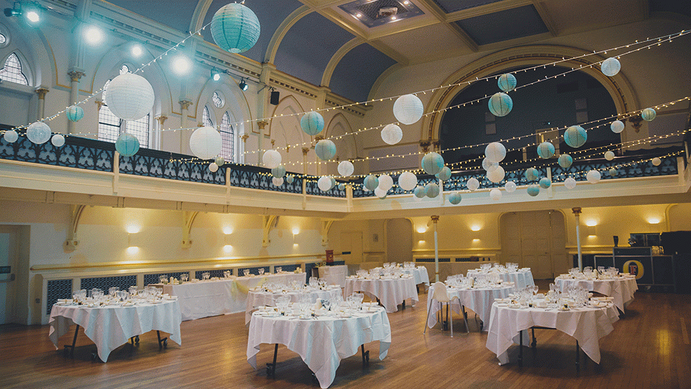 Hanging paper lanterns transform the Winchester Guild Hall