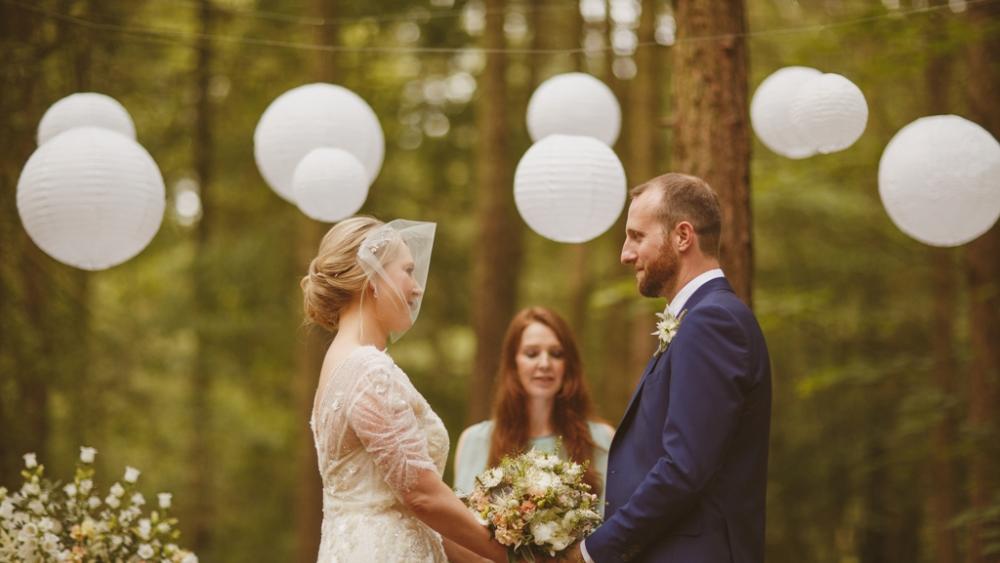 White Wedding Lanterns for a Rustic Wooded Ceremony