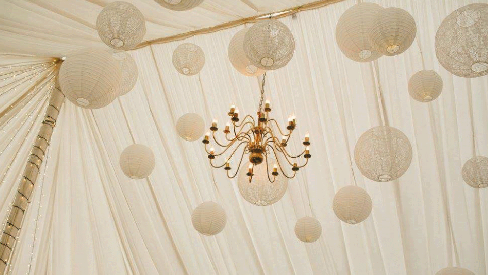 White and lace lanterns at Enterkine House, Scotland