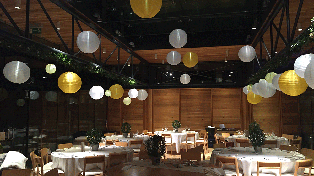 Spring coloured hanging lanterns at Utopia, Broughton Hall