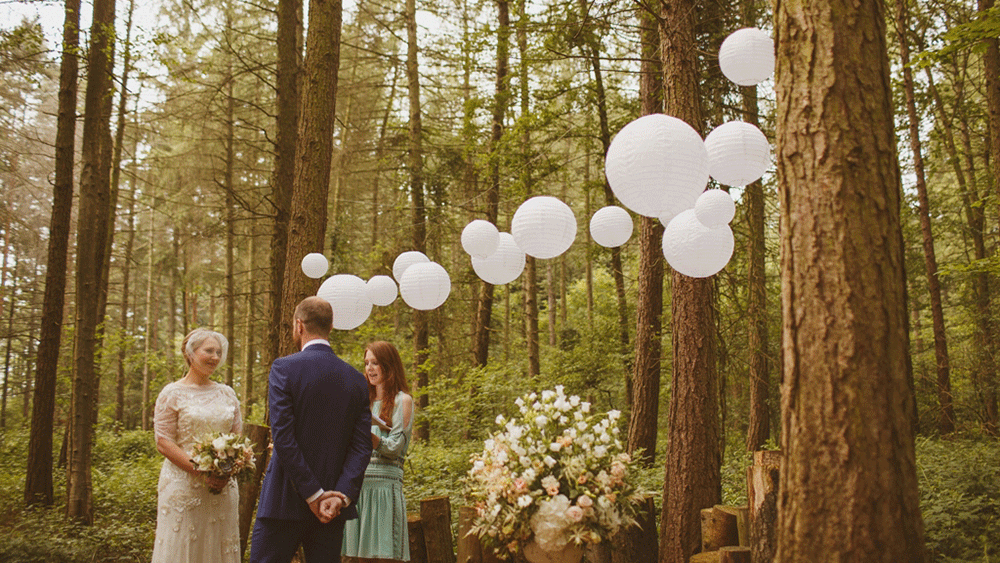 White Wedding Lanterns for a Rustic Wooded Ceremony