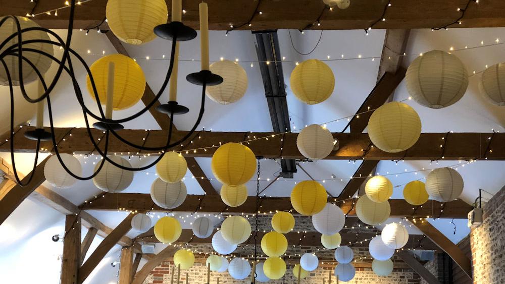 Colour Pop Occasions Hanging Lantern installation at Upwaltham Barns