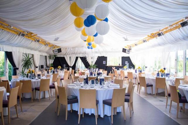 Blue yellow and white marquee lanterns