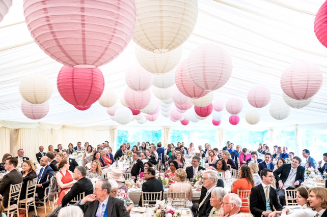 Bright pink and light pink wedding lantern installation