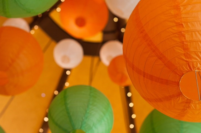 Brightly coloured lanterns decorate tipi