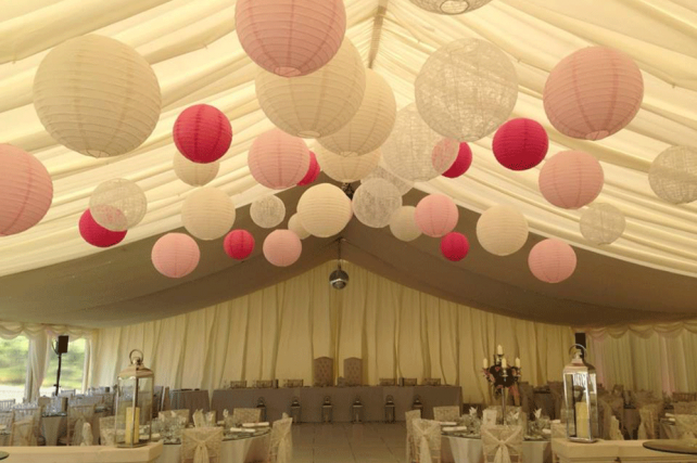 lace and pink wedding marquee lanterns