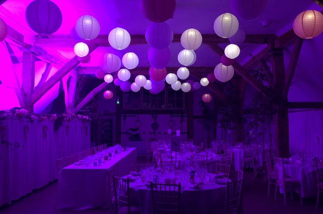 Pink Paper Lanterns in the barn at Dorset House School, Pulborough