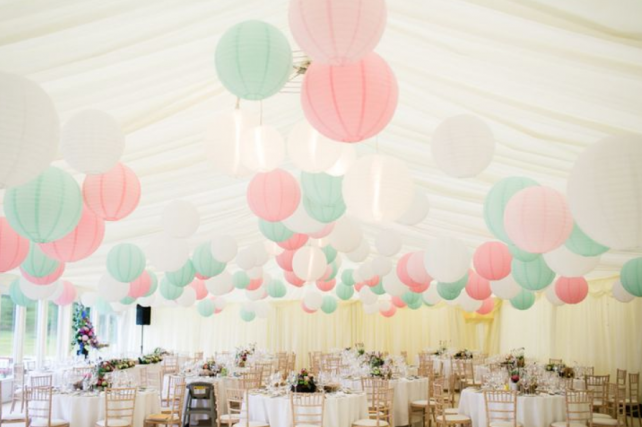 Pink, robin egg and white lanterns