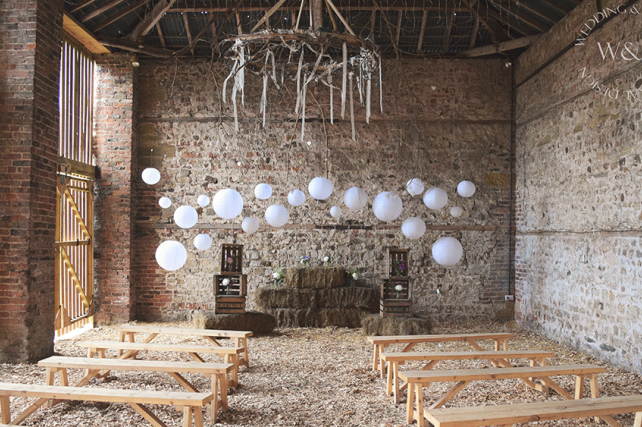 White Hanging Lanterns add Style to a Rustic Barn Wedding