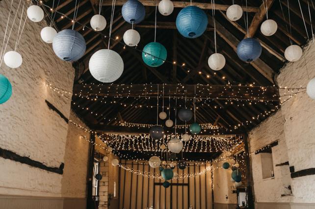 Blue and teal lanterns at Friars Court