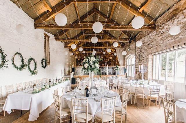 Cream hanging lanterns at Askham Hall