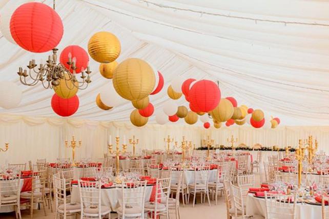 Gold and red hanging paper lanterns