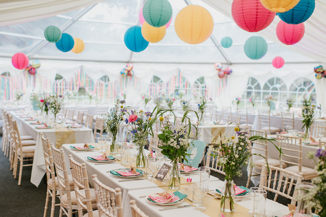 Garden festival themed coloured lanterns dress Sussex Bell End Tent