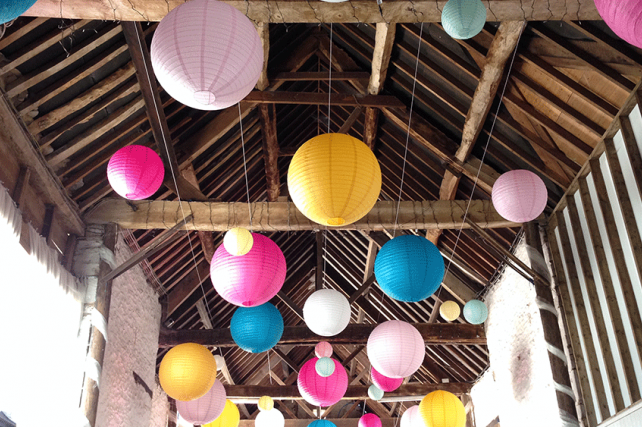 bright mad hatters decorations and paper lanterns