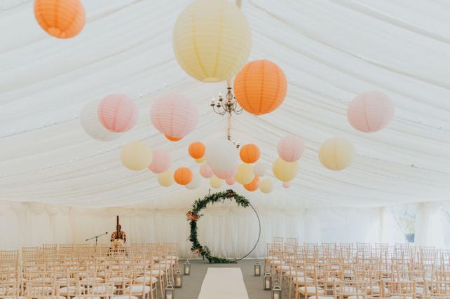 Pastel coloured paper lantern installation