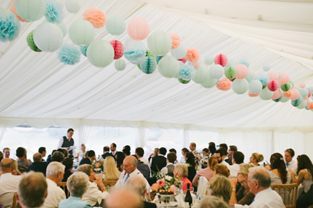 paper lanterns and tissue pompoms