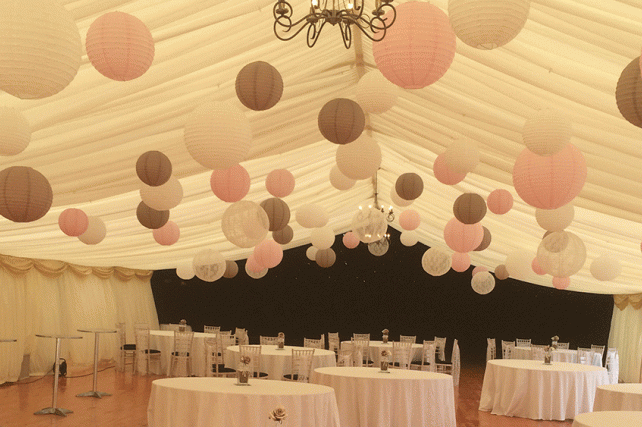 Latte and Lace hanging lanterns adorn Scottish wedding marquee