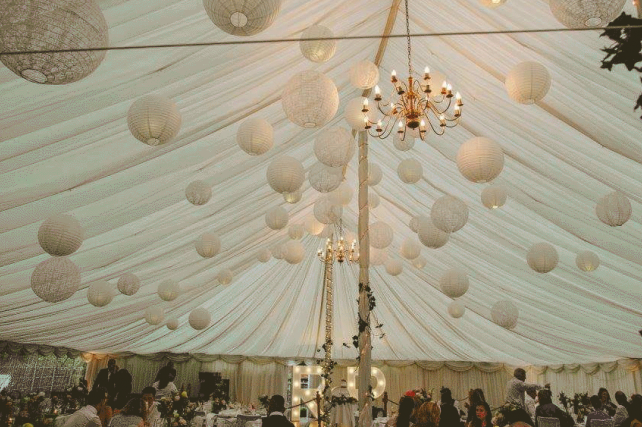 White and lace lanterns at Enterkine House, Scotland