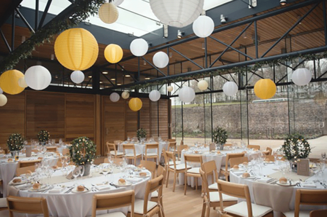 Spring coloured hanging lanterns at Utopia, Broughton Hall