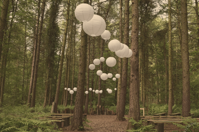White Wedding Lanterns for a Rustic Wooded Ceremony