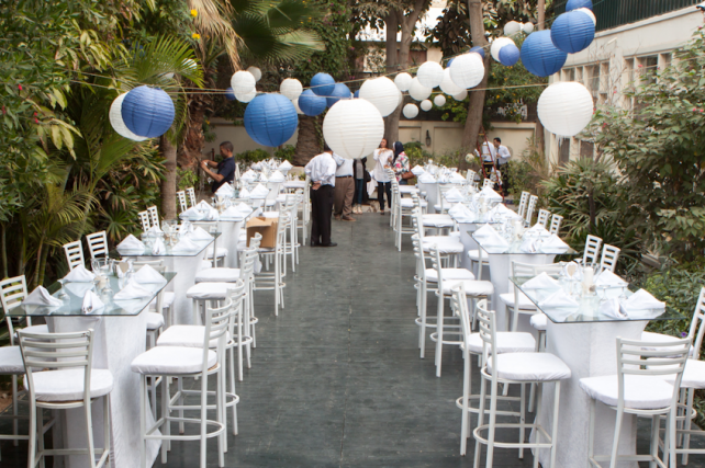 Blue and white outdoor wedding lanterns